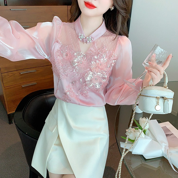 High quality loose beaded embroidery vintage elegant blouses
