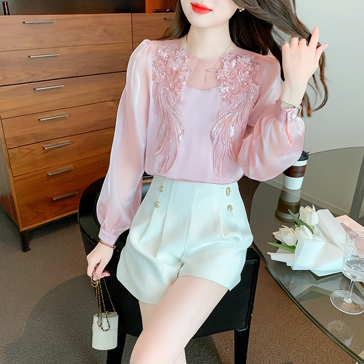 High Quality Long Sleeves Elegant Vintage Embroidered Satin Blouses
