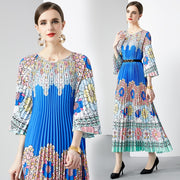 High Quality Pleated Round Neck Lace Up Belt Loose Printed Maxi Long Dress