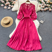 High quality vintage belted round neck half sleeve hollow out lace dress