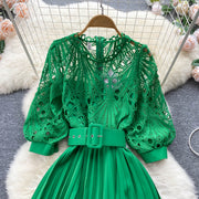 High-quality multi-color belted pleated lace dress with long sleeves
