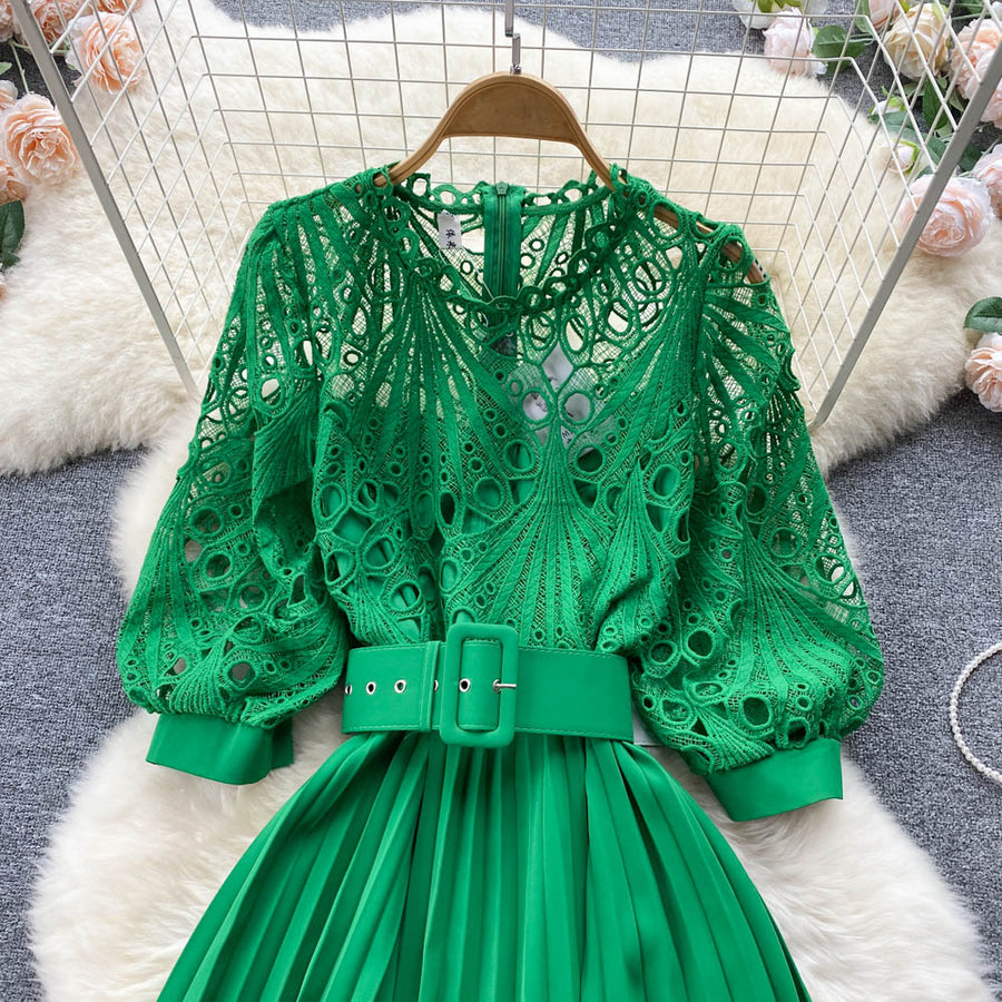 High-quality multi-color belted pleated lace dress with long sleeves