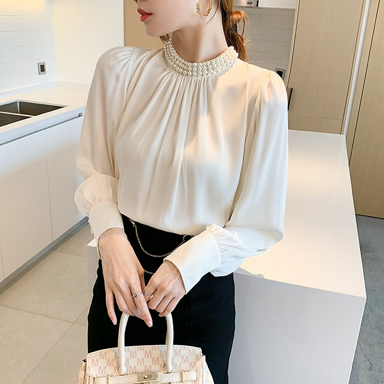 High Quality Elegant Vintage Loose Beaded Long Sleeve Chiffon Blouse