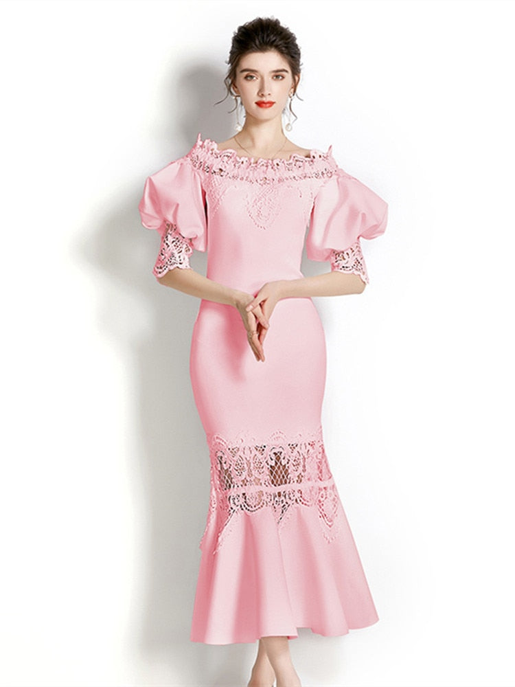 Vintage Designer High Quality Puff Sleeve Multi Color Flower Embroidery Elegant Dress