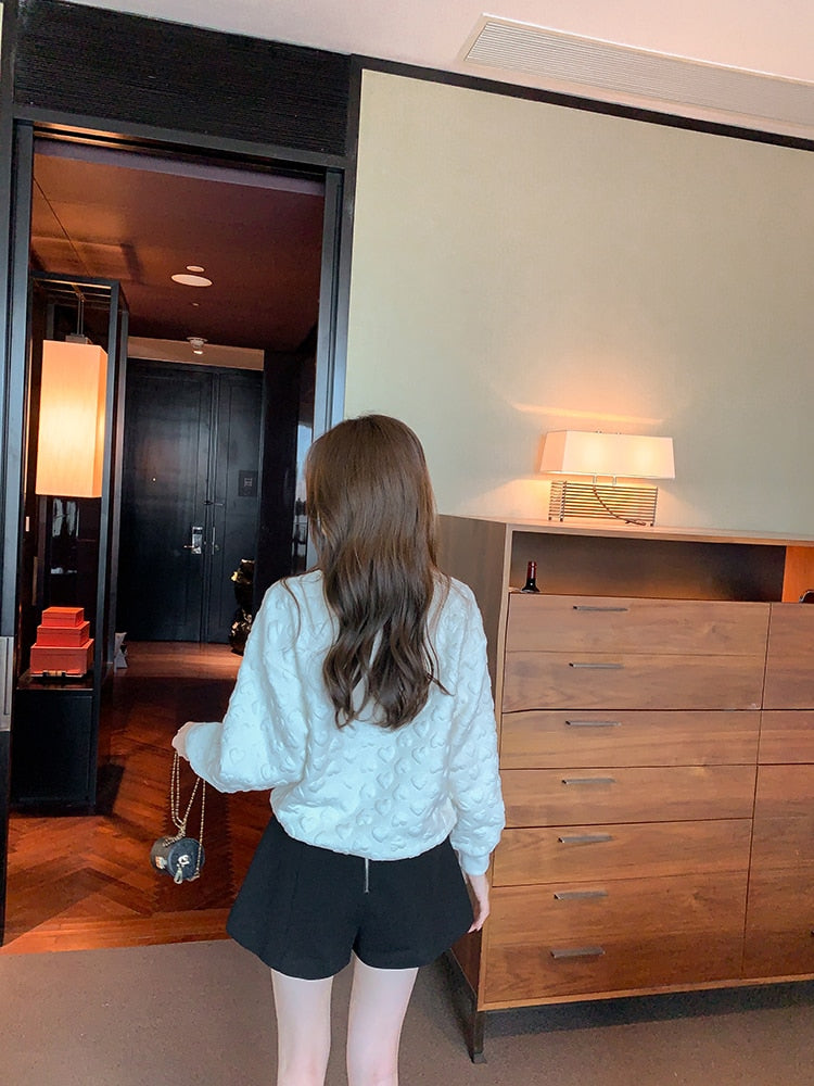 Women 3D Embossed Loose Casual Sweatshirt O-Neck Vintage Work Tops Korean Design Long Sleeve T-Shirts