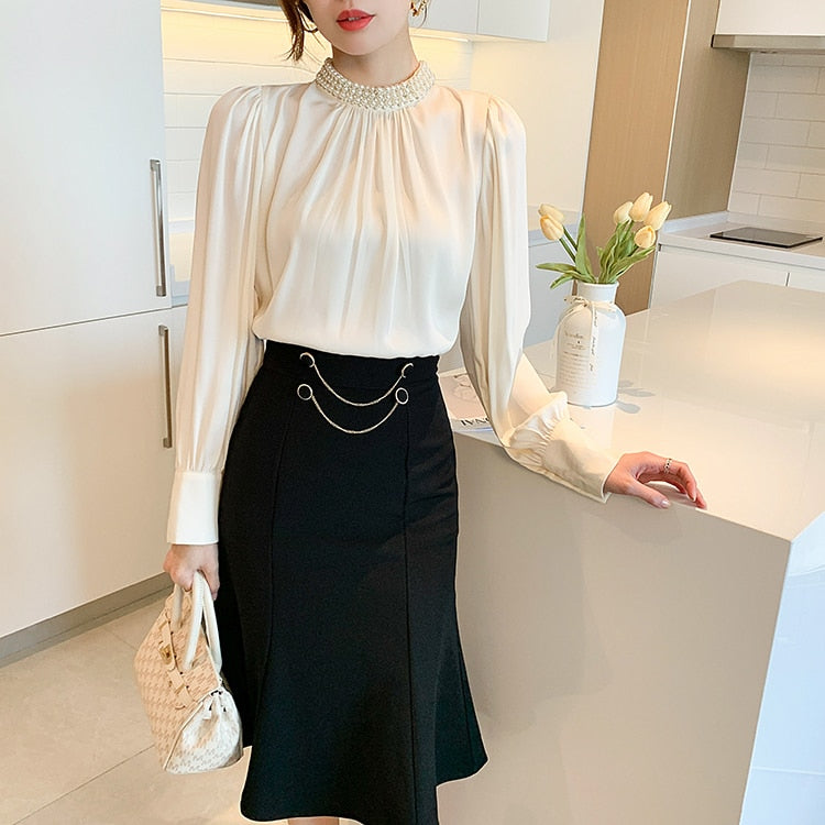 High Quality Elegant Vintage Loose Beaded Long Sleeve Chiffon Blouse