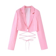 Vintage Long Sleeve Tie Front Cropped Satin Jacket with Slit Cuffs and Wide Pleated Pant