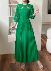 High quality vintage belted round neck half sleeve hollow out lace dress