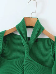 2 Colors Cross Halter Neck Long Sleeve Slim Fit Knitted Sweater
