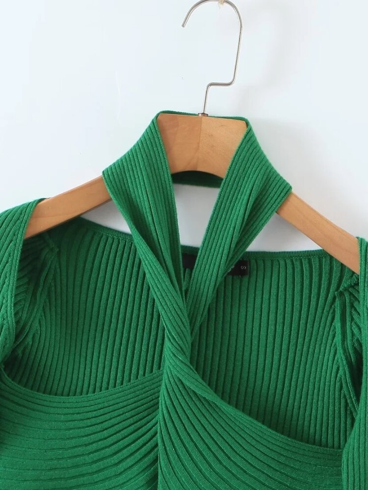 2 Colors Cross Halter Neck Long Sleeve Slim Fit Knitted Sweater