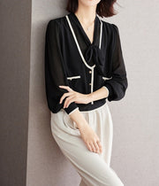 High Quality Long Sleeve Lace Up Chiffon Vintage Blouse