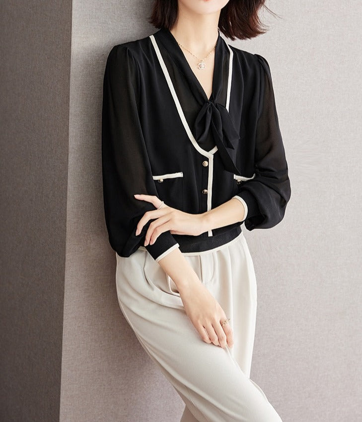High Quality Long Sleeve Lace Up Chiffon Vintage Blouse