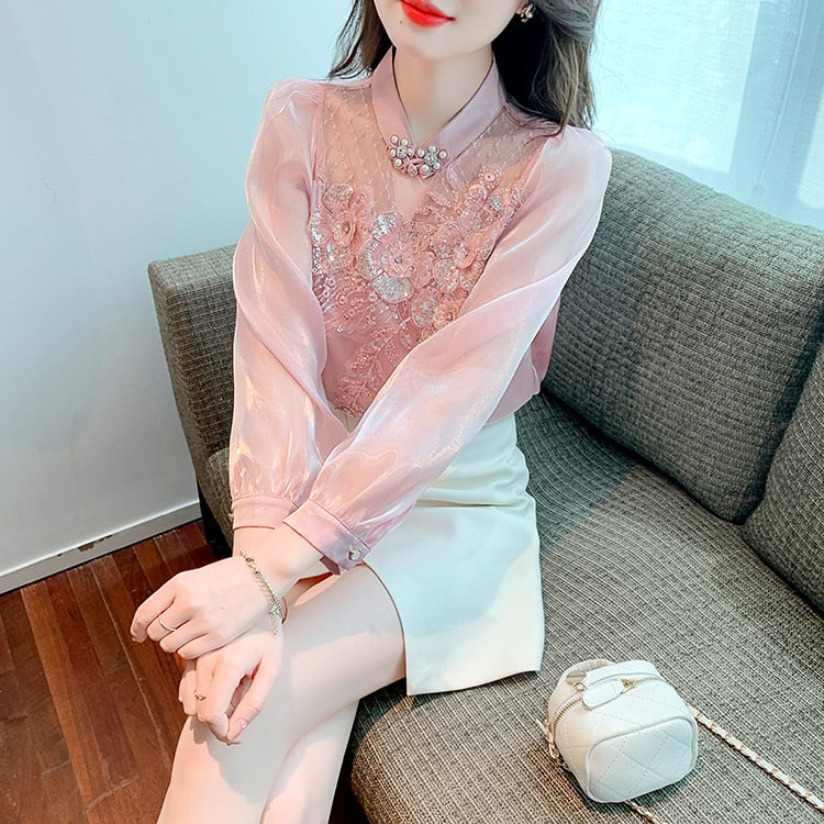 High quality loose beaded embroidery vintage elegant blouses