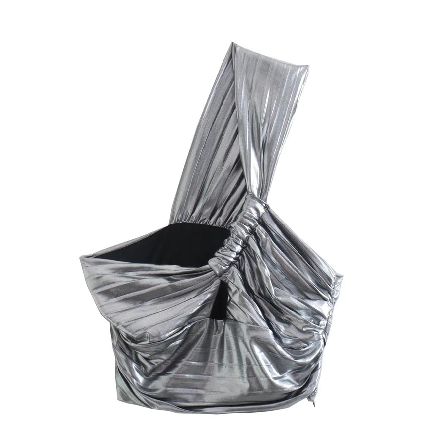 Metallic Color One Shoulder Knotted Sexy Blouse
 Short shirt with pleated side zipper