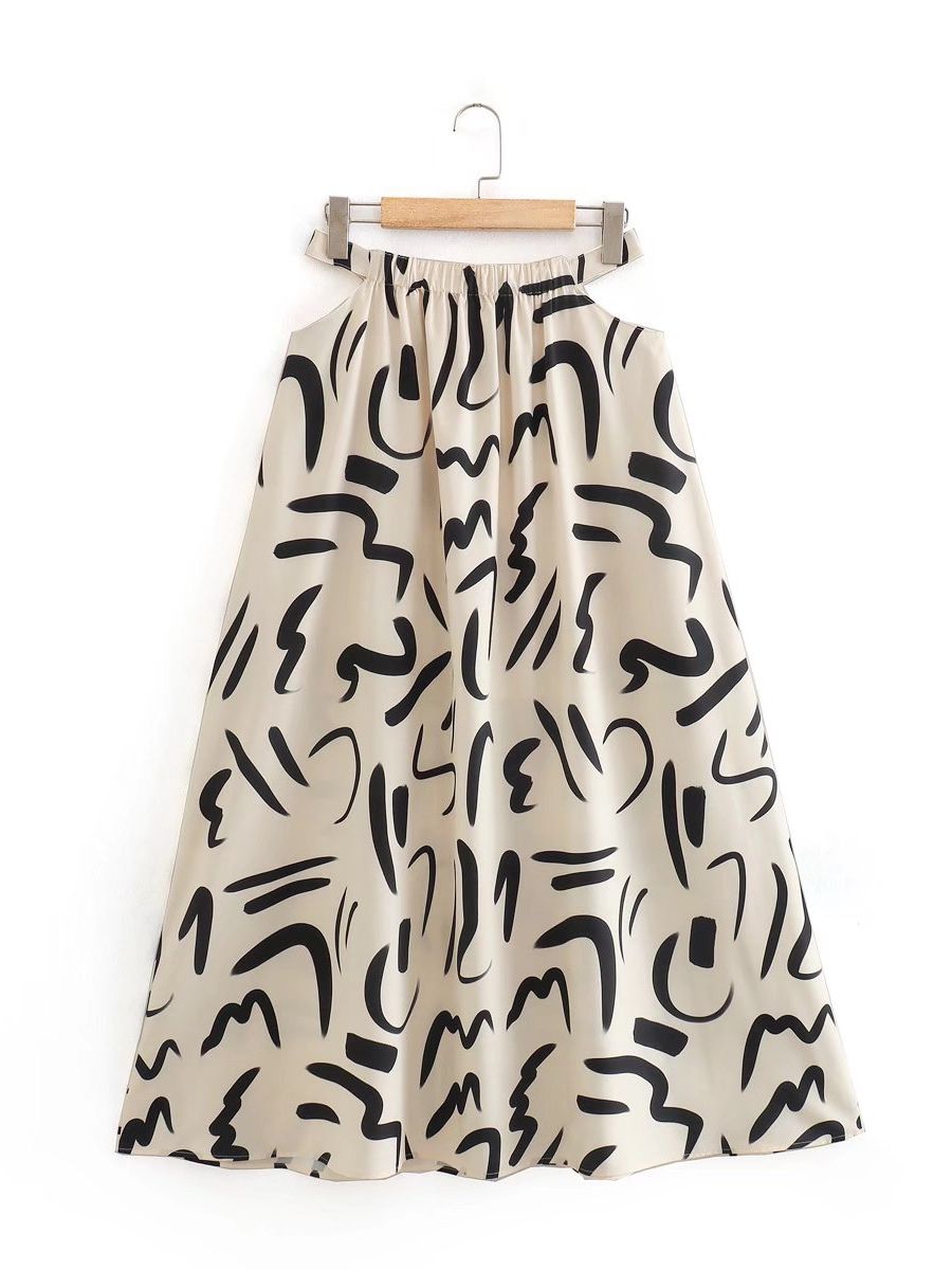 Hollow Out Waist Flare Skirt Graffiti Print Strapless Tops Set