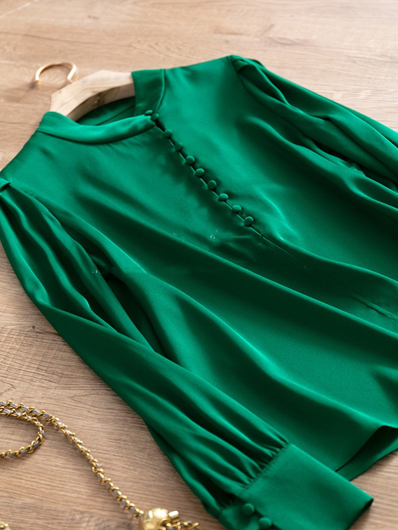 High Quality Stand Collar Long Sleeve Heavy Silk Shirt