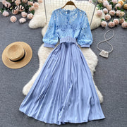 High-quality multi-color belted pleated lace dress with long sleeves