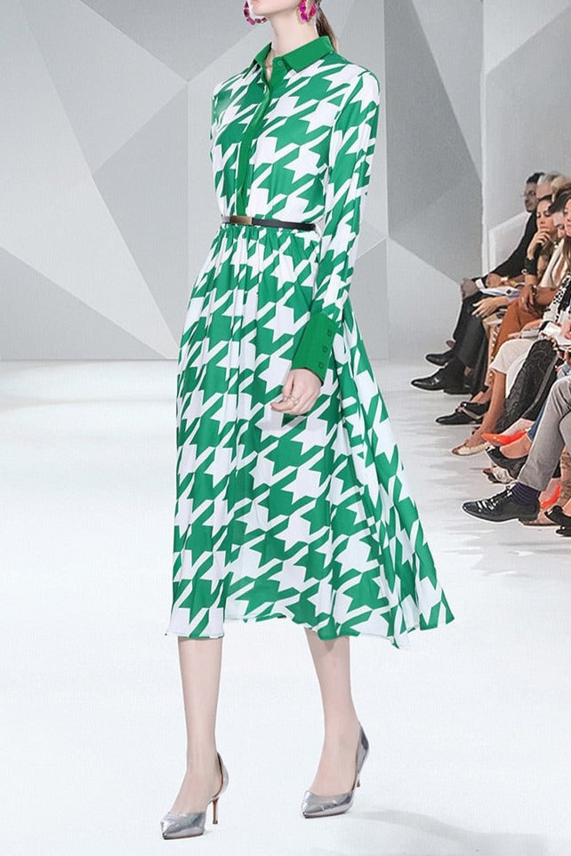 Elegant print long dress with long sleeves and high quality elastic waist