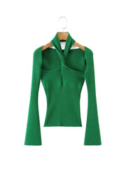 2 Colors Cross Halter Neck Long Sleeve Slim Fit Knitted Sweater
