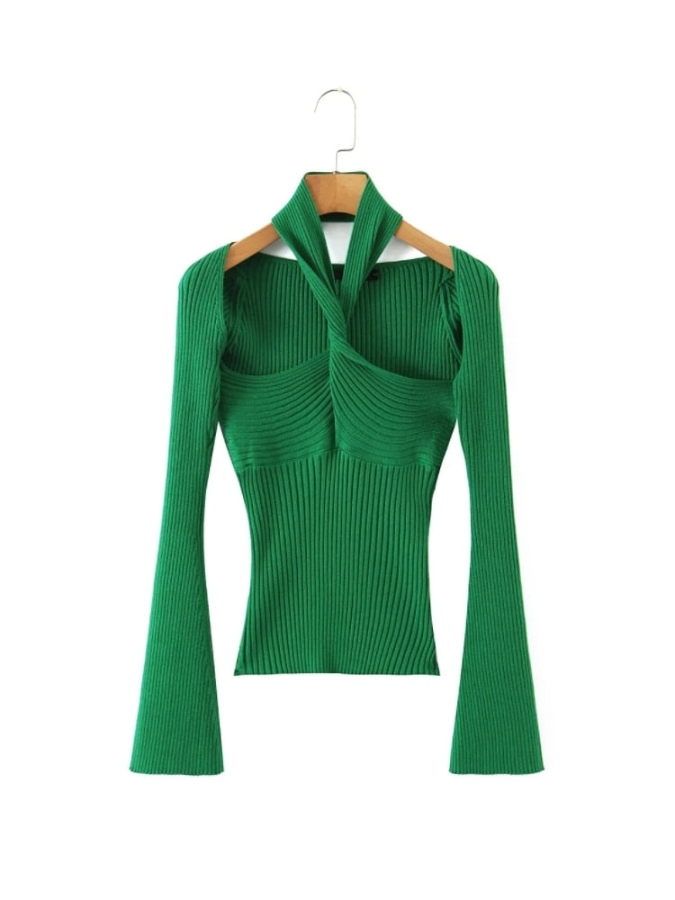 2 Colors Cross Halter Neck Long Sleeve Slim Fit Knitted Sweater
