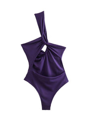 Casual Bodycon Knit Hollow Out Asymmetrical Knotted Bodysuit