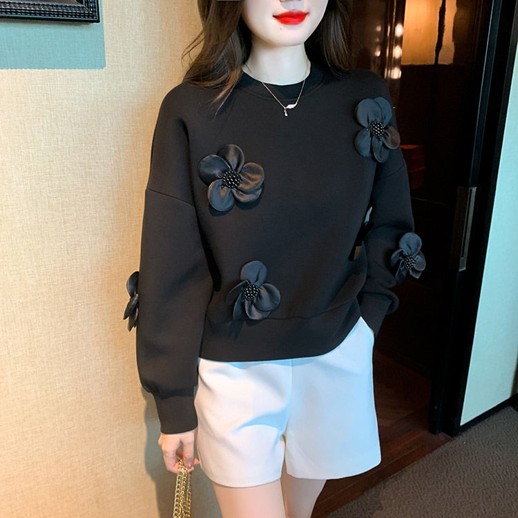 H Han Queen Womens Autumn Sweatshirt Three-Dimensional Flowers Vintage Work Casual Tops Korean Design Long Sleeve Loose T-Shirts