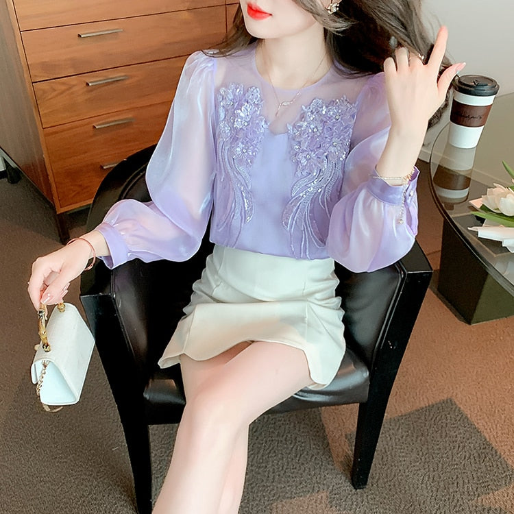 High Quality Long Sleeves Elegant Vintage Embroidered Satin Blouses
