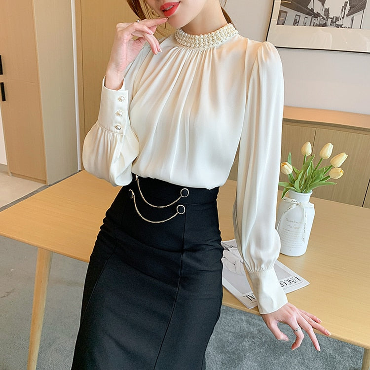High Quality Elegant Vintage Loose Beaded Long Sleeve Chiffon Blouse