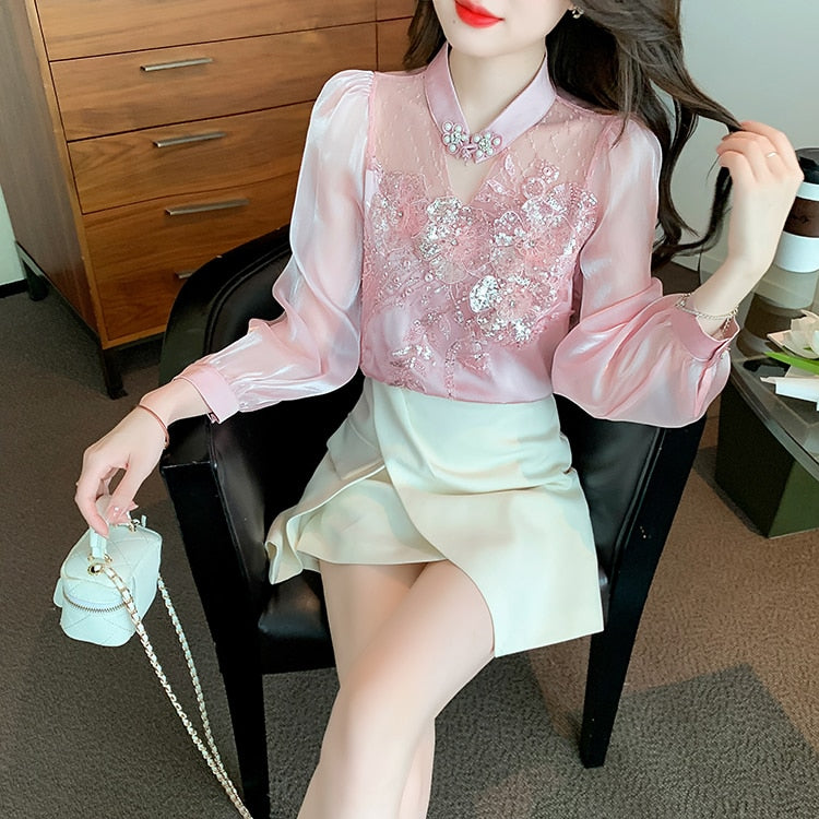 High quality loose beaded embroidery vintage elegant blouses