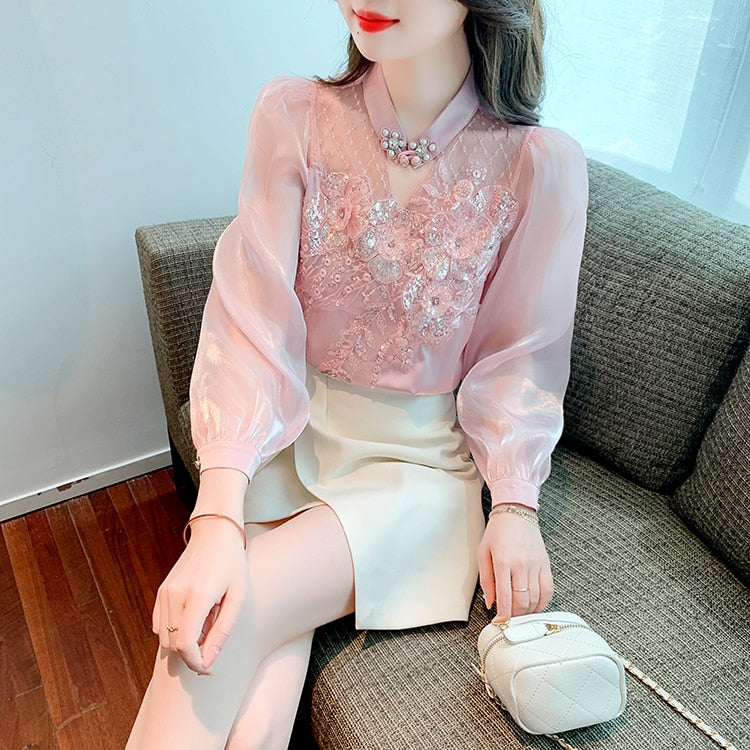 High quality loose beaded embroidery vintage elegant blouses