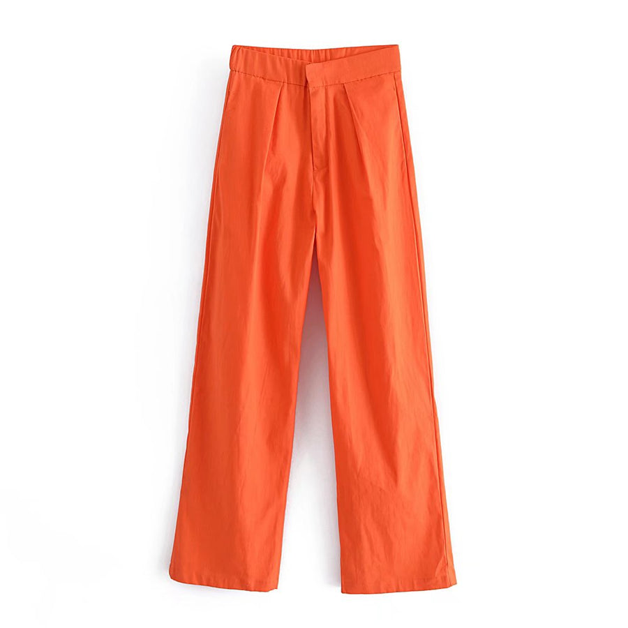 Candy Color Front Pleats Zipper High Waist Straight Pants