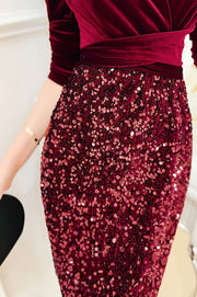 Elegant velvet long-sleeved dress with high-quality sequins