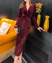 Elegant velvet long-sleeved dress with high-quality sequins