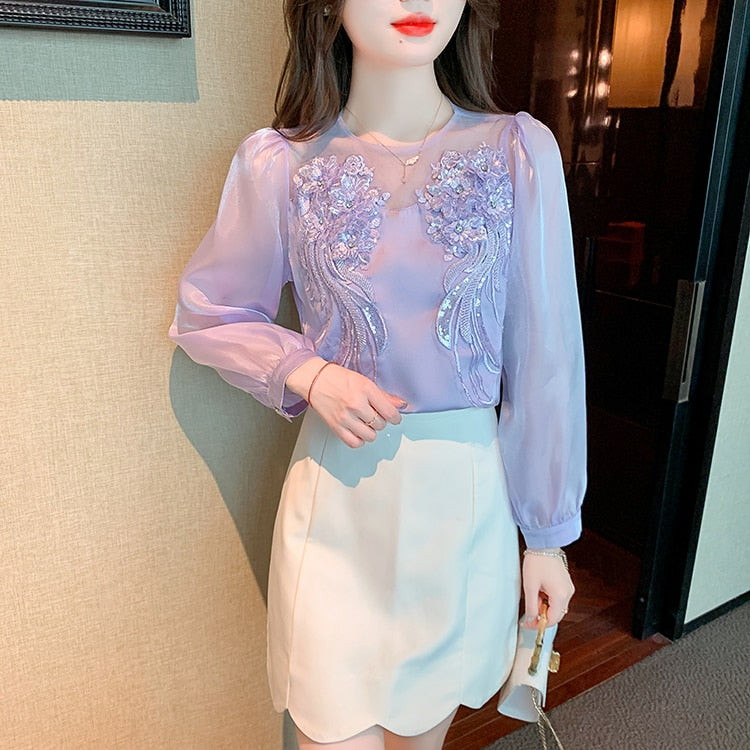 High Quality Long Sleeves Elegant Vintage Embroidered Satin Blouses