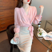 High Quality Long Sleeves V Neck Loose Elegant Vintage Pink Blouses