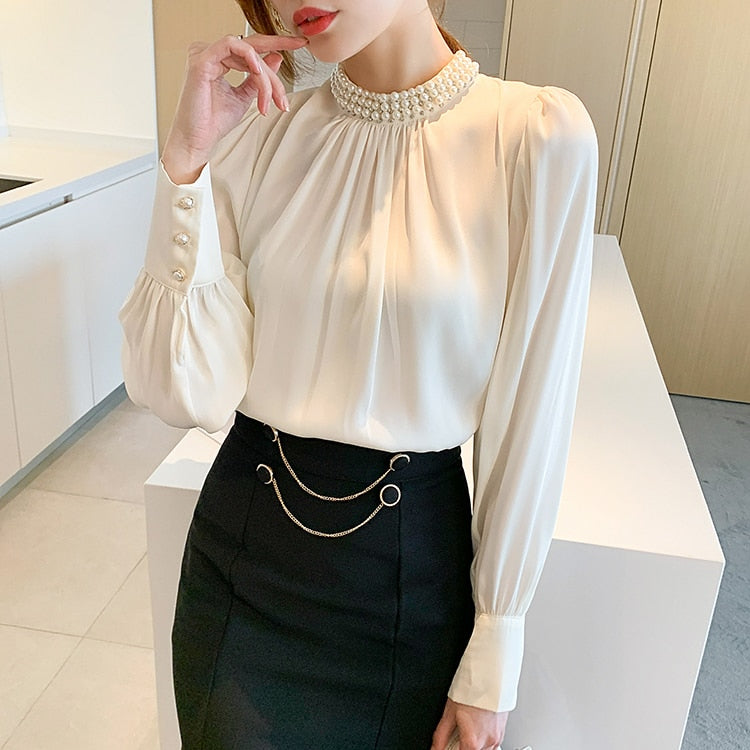 High Quality Elegant Vintage Loose Beaded Long Sleeve Chiffon Blouse