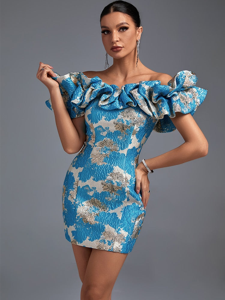 Jacquard Ruffles Off Shoulder Elegant Bodycon Sexy Mini Dress