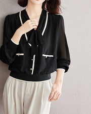 High Quality Long Sleeve Lace Up Chiffon Vintage Blouse
