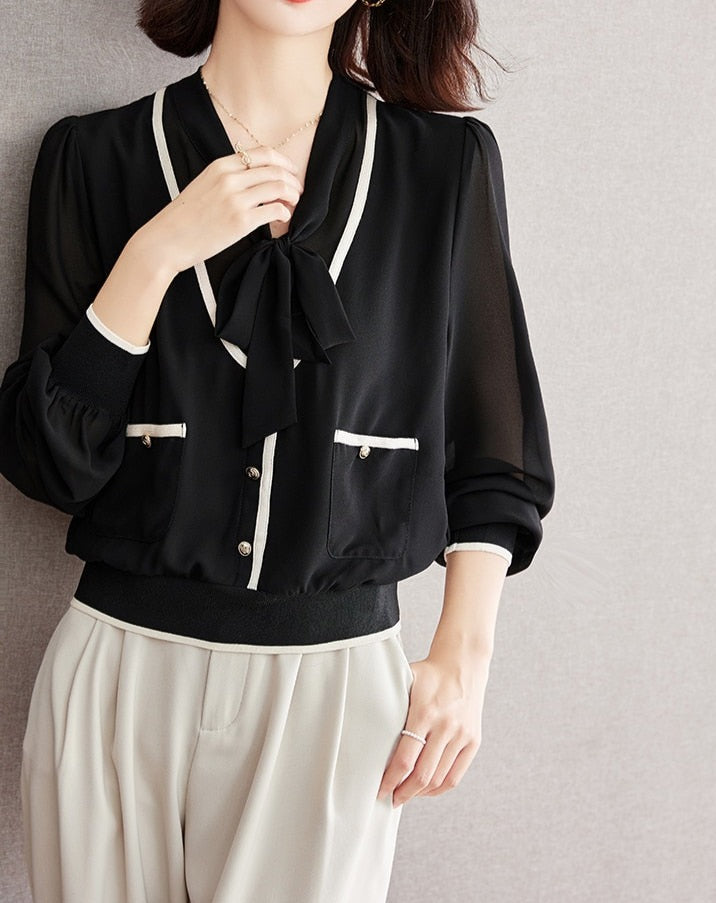 High Quality Long Sleeve Lace Up Chiffon Vintage Blouse