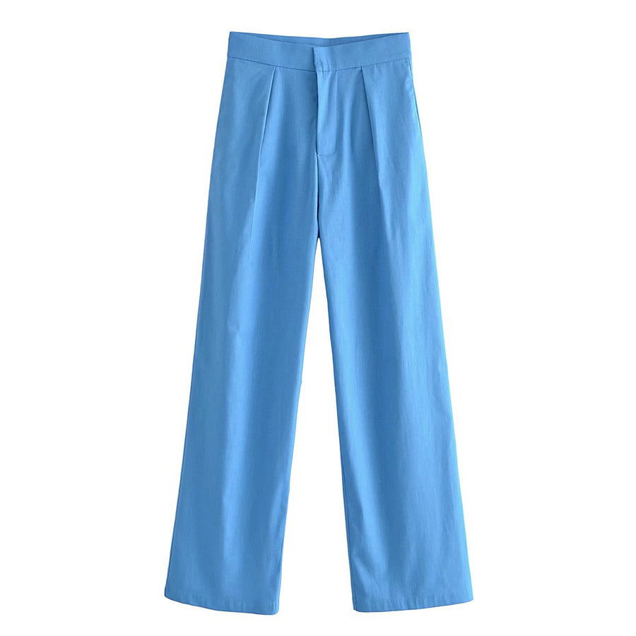 Candy Color Front Pleats Zipper High Waist Straight Pants
