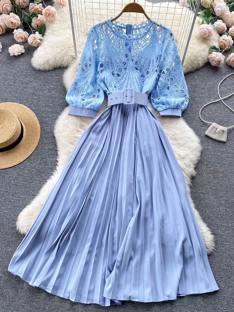 High quality vintage belted round neck half sleeve hollow out lace dress