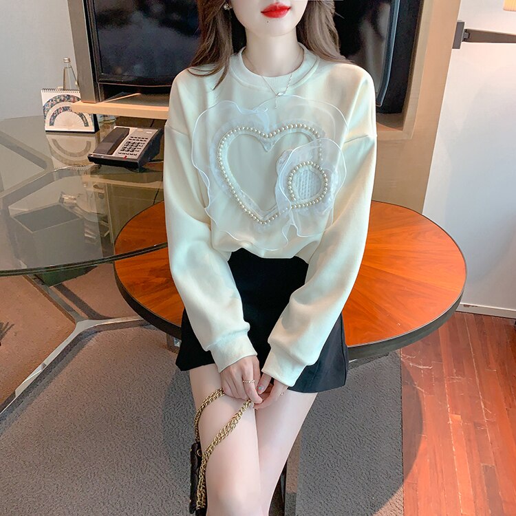 Loose Women Tops Mesh Beading Casual Sweatshirt O-Neck Vintage Work Korean Long Sleeve Simple T-Shirts