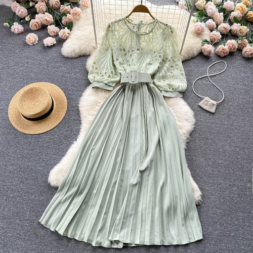 High-quality multi-color belted pleated lace dress with long sleeves