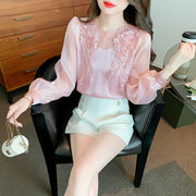 High Quality Long Sleeves Elegant Vintage Embroidered Satin Blouses
