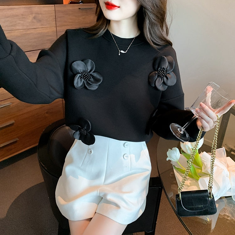 H Han Queen Womens Autumn Sweatshirt Three-Dimensional Flowers Vintage Work Casual Tops Korean Design Long Sleeve Loose T-Shirts
