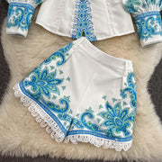 2 piece suit top with high neck, puff sleeve, vintage print blouse and shorts with belt pocket high quality