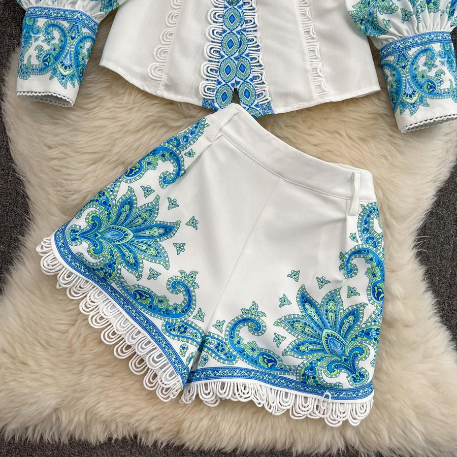 2 piece suit top with high neck, puff sleeve, vintage print blouse and shorts with belt pocket high quality
