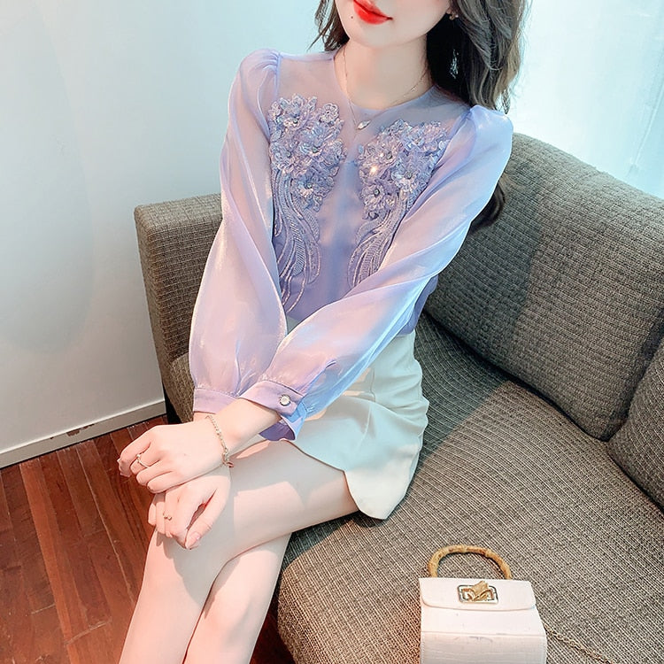 High Quality Long Sleeves Elegant Vintage Embroidered Satin Blouses