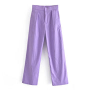 Candy Color Front Pleats Zipper High Waist Straight Pants