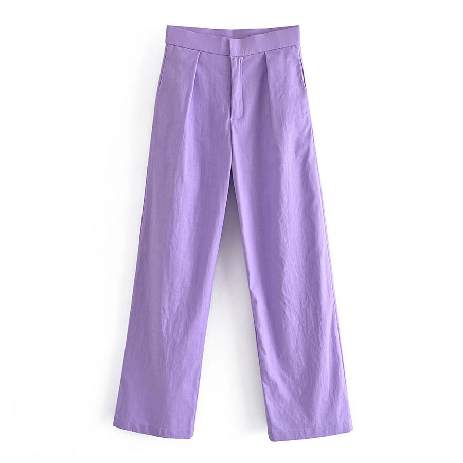 Candy Color Front Pleats Zipper High Waist Straight Pants